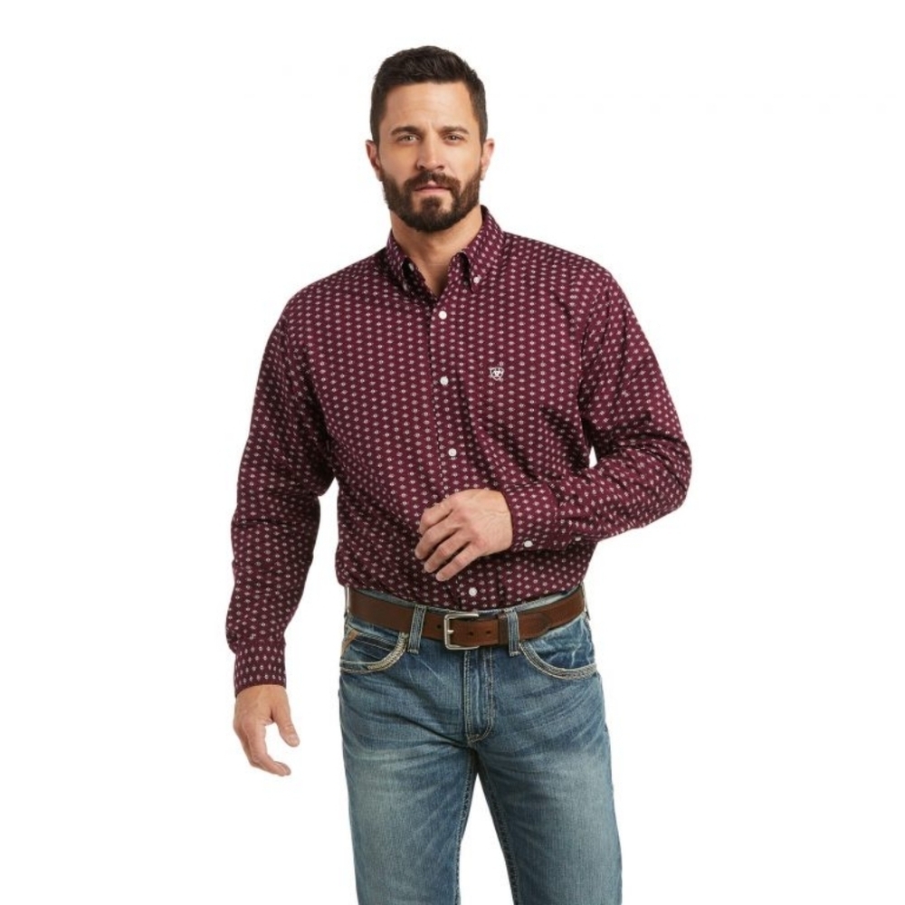 Ariat Men’s Kavi Pomegranite Stretch Fitted Long Sleeve Shirt Sz S
